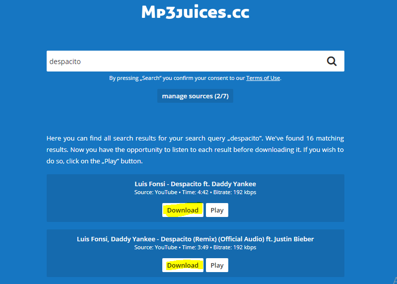 mp3juices.cc song download option