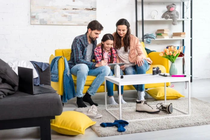 happy family and untidy home