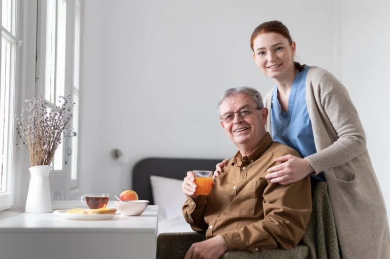 nurse and man posing