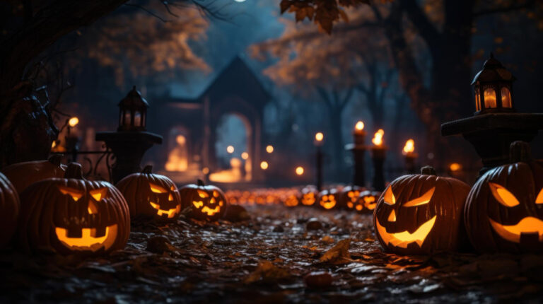 Jackolanterns glow on spooky halloween evening