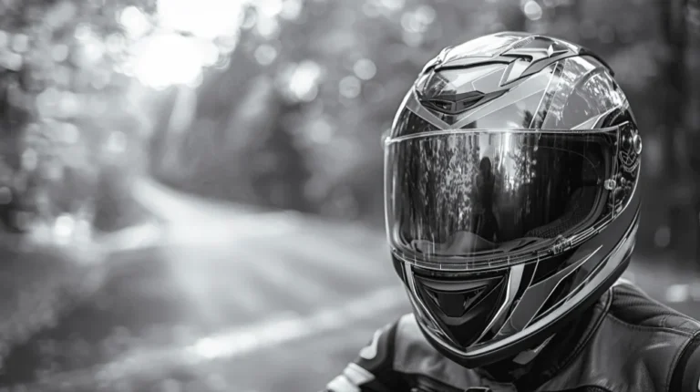 Model wearing motorcycle helmet