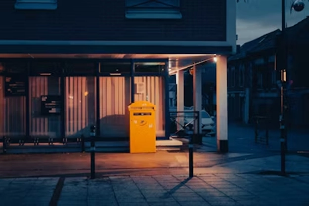 yellow mail box next to the house