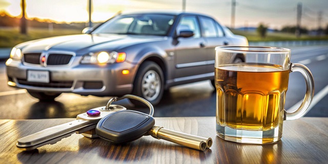 Highway Patrol Car Next to Alcohol and Keys DUI Alert