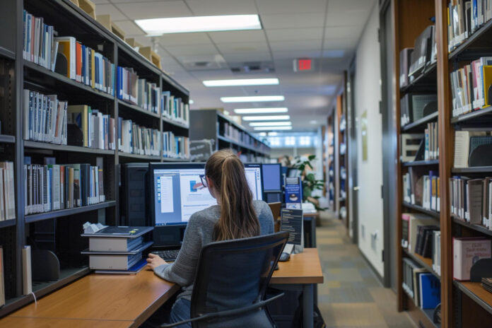 75525 woman sits at a computer in a library