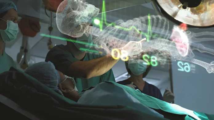 A surgeon diagnose a womans spinal problem via a holographic body scan before surgical procedure